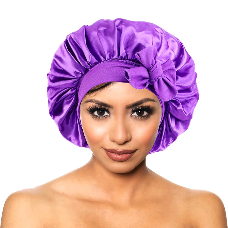 Bonnet soyeux en satin solide avec bandes de cravates pour cheveux
