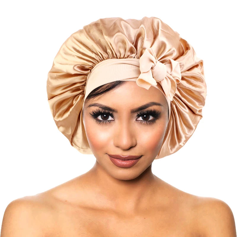 Bonnet soyeux en satin solide avec bandes de cravates pour cheveux