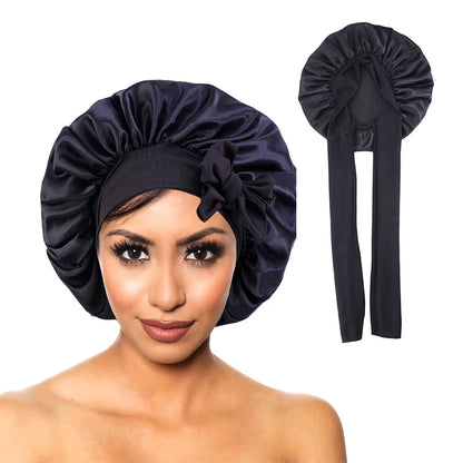 Bonnet soyeux en satin solide avec bandes de cravates pour cheveux