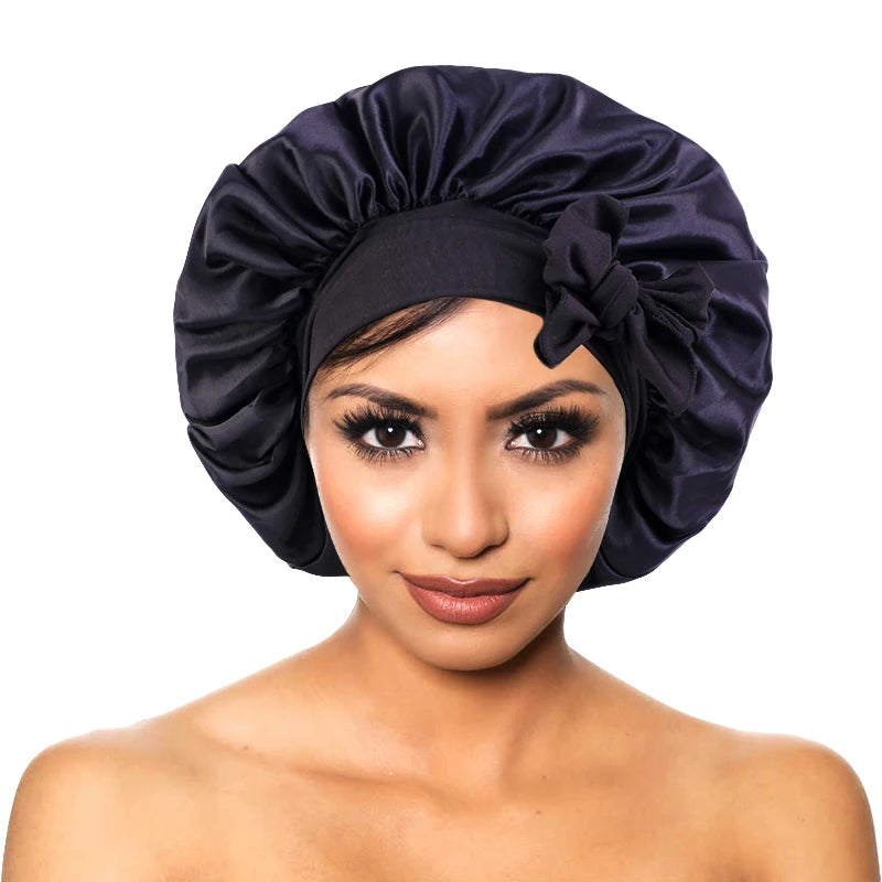 Bonnet soyeux en satin solide avec bandes de cravates pour cheveux