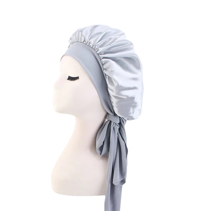 Bonnet soyeux en satin solide avec bandes de cravates pour cheveux