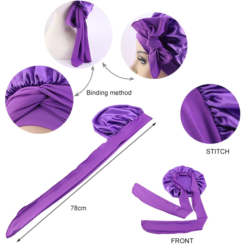 Bonnet soyeux en satin solide avec bandes de cravates pour cheveux